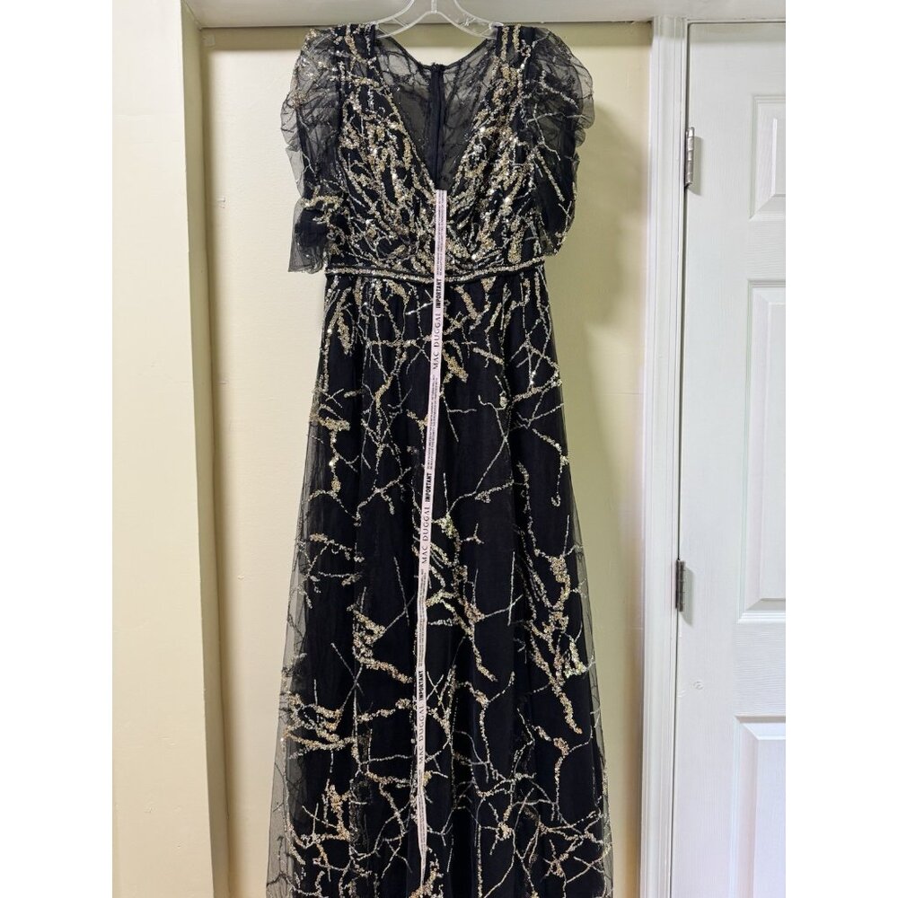 New Mac Duggal 20428 EMBELLISHED GATHERED Puff Sleeve Faux Wrap Gown 8 $798